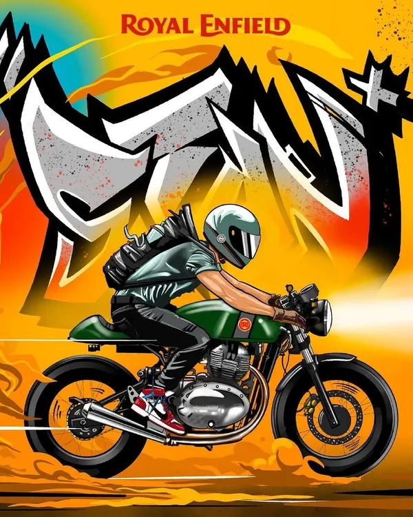 This custom Royal Enfield GT650 illustration is the kind of work I do for automotive brands. It combines a dynamic rider illustration with a graffiti background, creating a powerful image for marketing or merchandise.