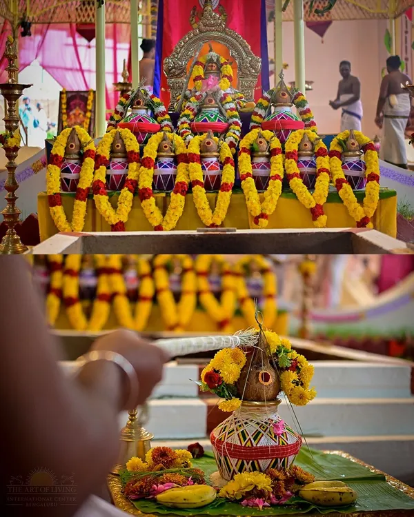 A collage of the Rishi Homa, showing the decorated altar and the offerings. This ceremony is a key part of our Navratri celebrations, honoring the ancient sages.