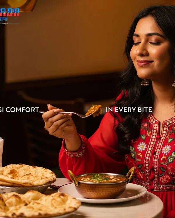 A woman savouring a spoonful of curry at Dhaba, with a smile of pure satisfaction. This image perfectly encapsulates the feeling of 'desi comfort in every bite' that my Indian restaurants provide.