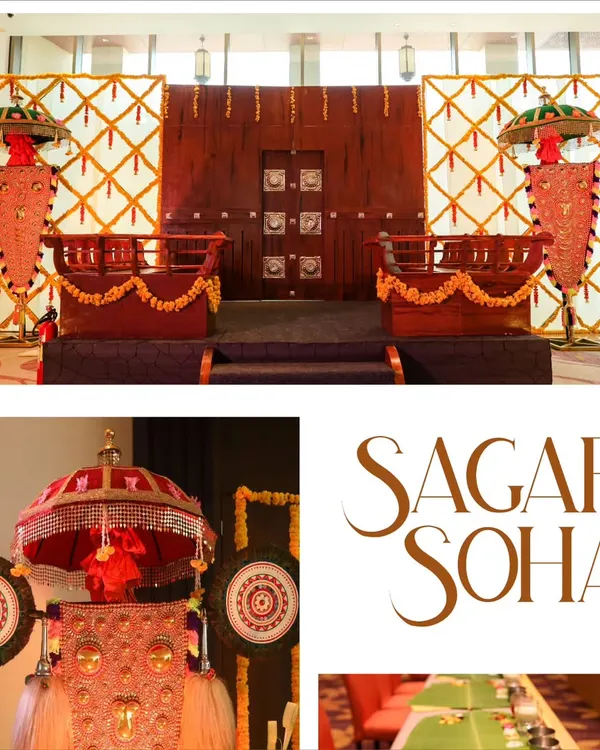 A collage from a beautiful South Indian themed wedding I planned in Kochi. It showcases the unique decor elements like the 'Nettipattam' (elephant caparison) and traditional seating, celebrating the rich culture of Kerala.