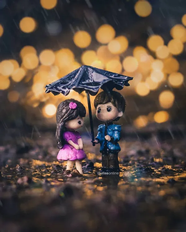 A charming miniature scene of a couple under an umbrella in the rain, with beautiful bokeh lights in the background creating a romantic mood.