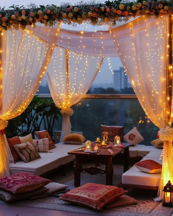 This is the signature Shamiyana vibe. Imagine an intimate evening under a canopy of fairy lights, with cozy floor seating and the city skyline as your backdrop. It’s the perfect setting for a minimal Sagan or any soulful celebration.