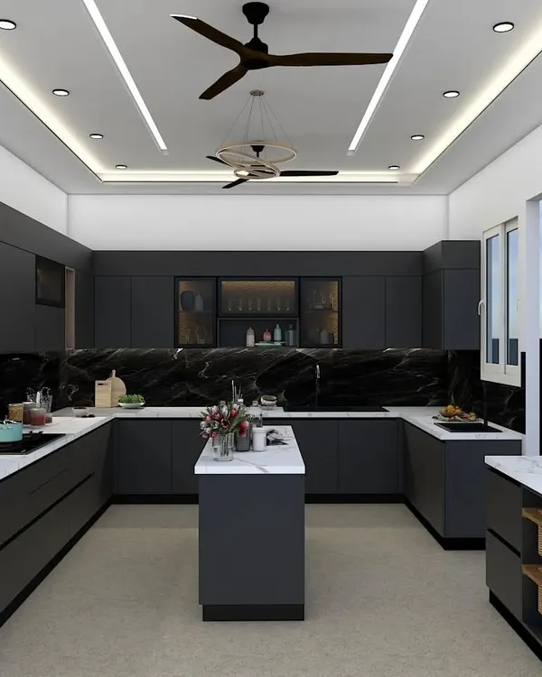 This U-shaped kitchen is designed for the modern chef, featuring matte black cabinets, a stunning black marble backsplash, and a central island. I focused on creating a functional workflow with ample counter space and integrated appliances for a sleek, sophisticated look.