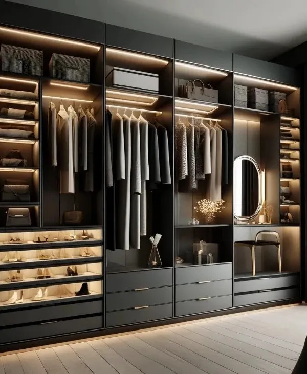 This is a design concept for a sleek, modern walk-in closet. The dark finish, integrated lighting in each section, and dedicated vanity nook create a sophisticated and highly organized dressing area.