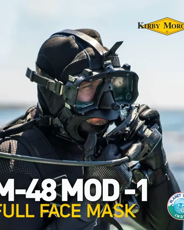 The Kirby Morgan M-48 Mod-1 is a modular full-face mask that adapts to any mission. Its removable pod system allows for quick switching between open-circuit, rebreather, or communications systems, making it a top choice for professional divers.