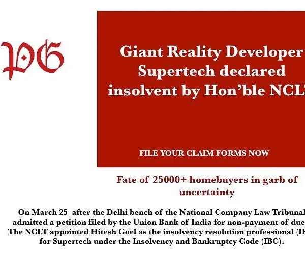 This graphic serves as an urgent alert for homebuyers affected by a developer's insolvency, as was the case with Supertech. My office acts swiftly to help clients file the necessary claim forms with the appointed Insolvency Resolution Professional (IRP).