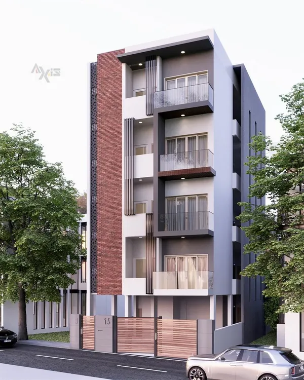 This 3D render showcases a modern residential building elevation I designed. The facade mixes materials like exposed brick, grey textures, and wood accents, with glass railings on the balconies to maintain a sleek and open feel.