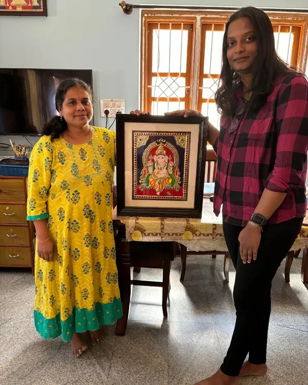 My dedicated student Thanya with her completed Tanjore painting of Lord Ganesha. It is wonderful to see her hard work result in such a beautiful, traditional piece.