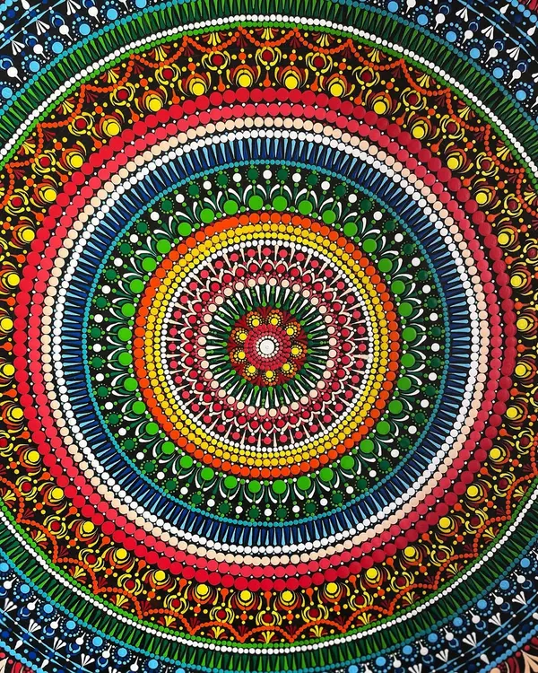 This 24-inch dot mandala is one of my most cherished creations, made on a sturdy MDF board. The vibrant, concentric circles are meticulously painted dot by dot, creating a mesmerizing piece of spiritual wall art that brings energy and focus to any room.