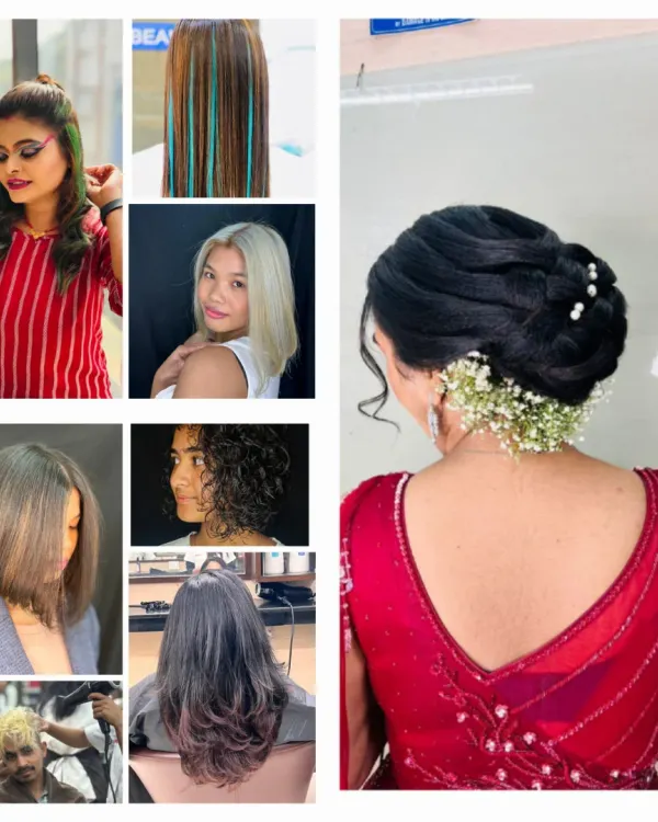 This collage showcases the breadth of skills taught in our hairdressing program. It features everything from a classic bob and men's haircut to creative color streaks and an elegant bridal updo.