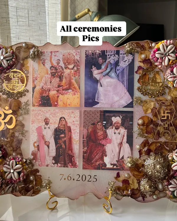 This custom varmala frame tells the story of a beautiful Jain-Bihari union. I incorporated photos from all their ceremonies, along with sacred symbols and elements from both cultures, to create a truly personal piece of art.