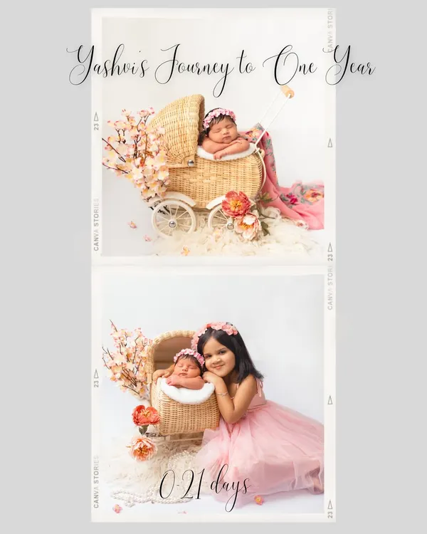 A collage from Yashvi's 'Journey to One Year' series, starting with her newborn shoot at just 21 days old. It's so special to document the story right from the very beginning.