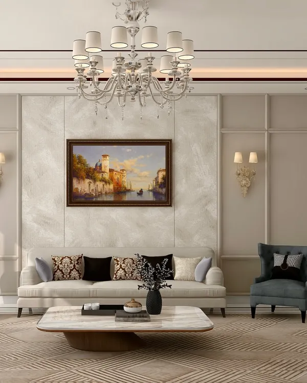 This living room balances classic sophistication with modern comfort. A traditional chandelier and wall moldings are paired with our custom-designed contemporary sofa and a sleek marble coffee table, creating a timeless and inviting space.