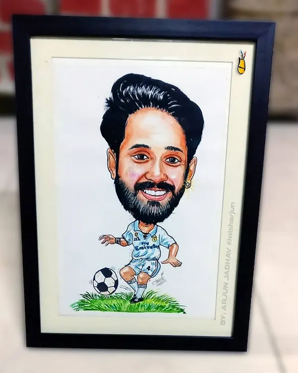 A handmade caricature of a football player, captured in action with a ball. This is a great personalized gift for any sports lover, drawn with ink and watercolors.