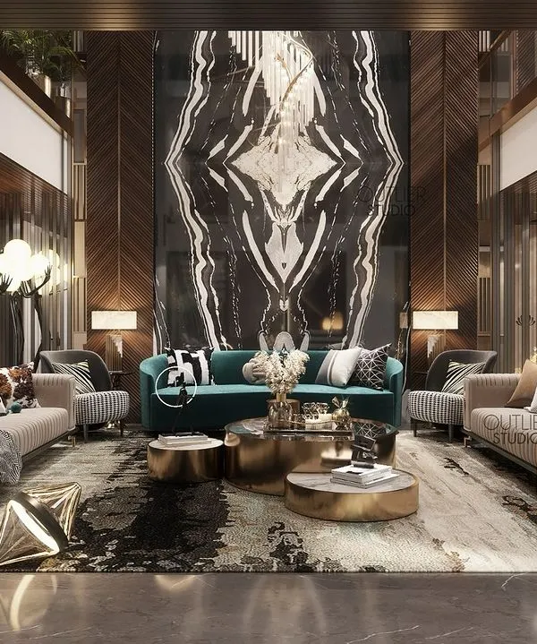 This luxurious triple height living room is what dreams are made of. The design uses vertical space to create a sense of grandeur, with a massive marble feature wall and layered seating arrangements for a truly opulent feel.