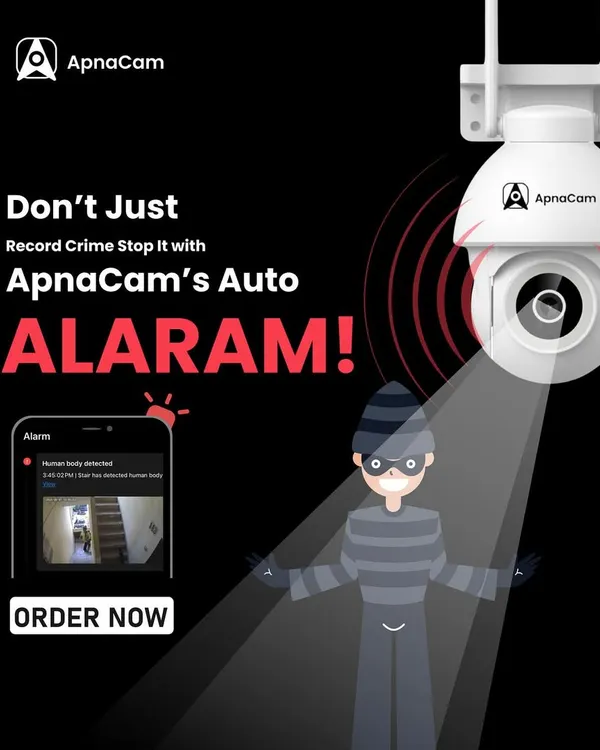 Our cameras do more than just record. This graphic shows how the auto alarm feature can actively deter intruders by sounding a siren and sending an instant alert to your phone, stopping a crime before it happens.