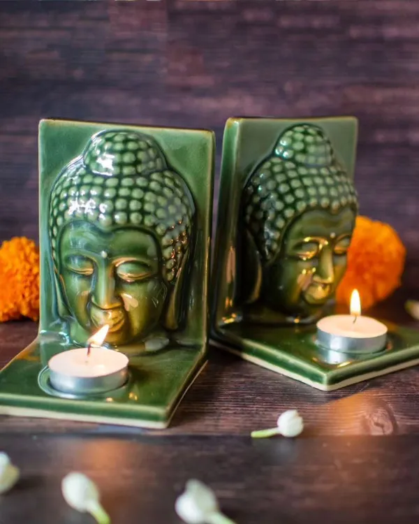 Create a serene and balanced display with a pair of my ceramic Buddha tealight holders. When lit, they cast a warm, gentle glow, perfect for setting a peaceful mood in your meditation space, bedroom, or living area.