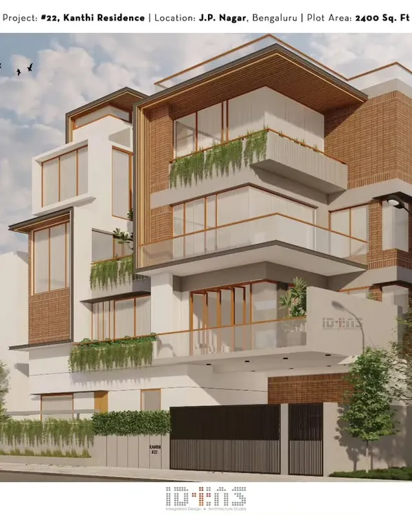 A 3D render of the Kanthi Residence. This design showcases a contemporary facade with a warm brick finish, large glass windows, and integrated planters that bring life to the elevation.