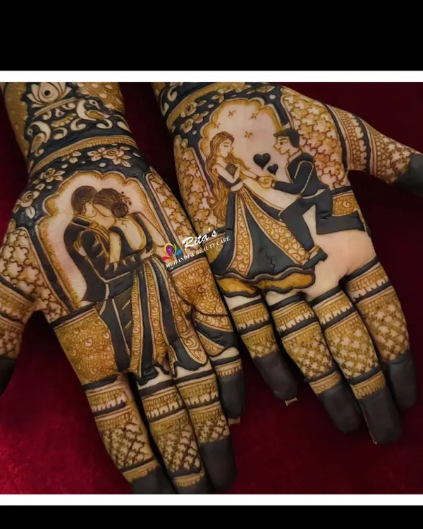This is where my heart is, in telling your love story. I specialize in creating these detailed couple portraits, capturing your likeness and love in a design that is completely personal to you. This style of portrait mehendi is perfect for making your bridal henna unforgettable.