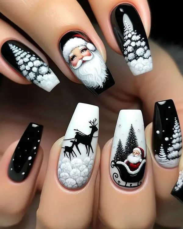This is an example of the detailed, hand-painted Christmas nail art I love to create. Each nail tells a part of the story, from Santa's portrait to his sleigh, all on a dramatic black and white base.