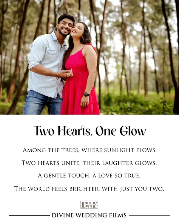 Two hearts, one glow. This image, set in a sun-dappled forest, captures the pure joy and laughter between the couple. The natural light creates a soft, romantic ambiance.