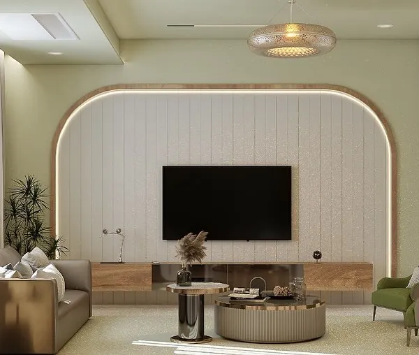 This living room render showcases a soft, contemporary aesthetic with a curved feature wall framing the entertainment center. We use visualization to test different color combinations, like these soothing green and neutral tones, to create a harmonious and stylish space.