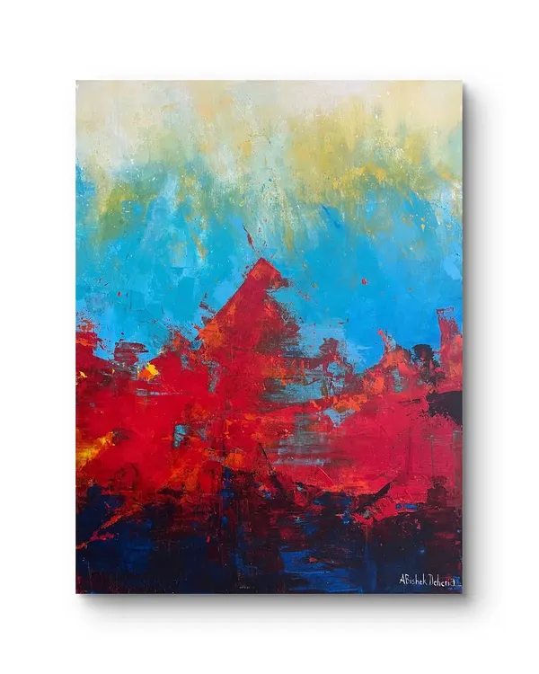 Part of my 2024 series 'Rise', this abstract painting contrasts fiery red with serene blue. It's an exploration of energy and balance, created with expressive textures and bold acrylic strokes.
