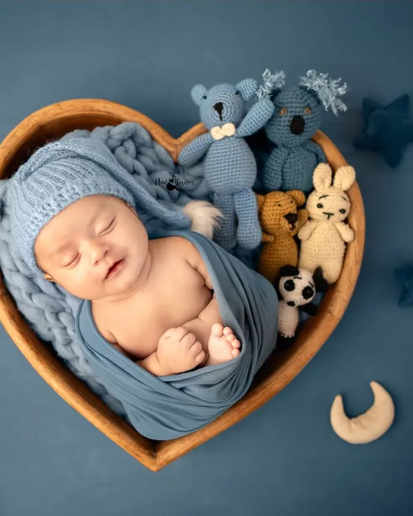 A sweet newborn sleeps soundly in a heart-shaped wooden bowl, surrounded by cozy blue-themed props and tiny stuffed animals. This classic pose highlights their peaceful innocence.