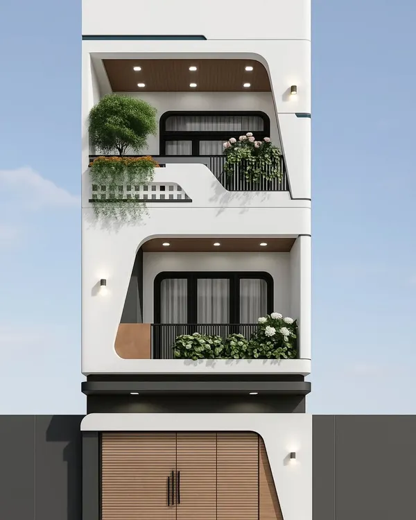 A 3-storey residential elevation concept that balances bold, modern curves with functional balcony spaces. This design showcases our approach to creating visually unique homes, even on compact urban plots.