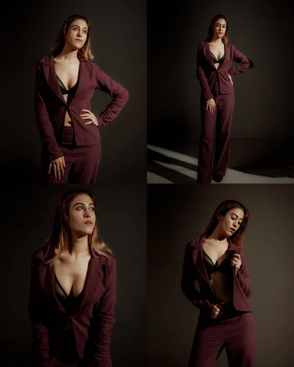 This four-image grid showcases a range of poses in a single power suit. It's a perfect deliverable for a model's portfolio, showing versatility in one post.