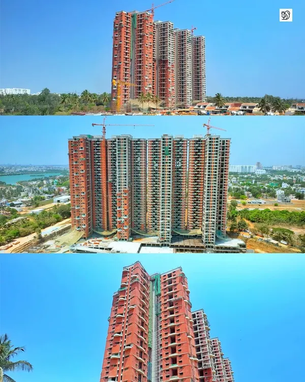 Multiple angles of the "In That Quiet Earth" high-rise towers under construction, showing the structural framework against the city skyline.