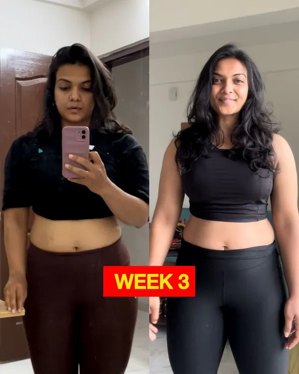 A before and after shot from my sustainable transformation series. This visible progress in just three weeks was a result of consistent workouts and small, important changes to my food habits.