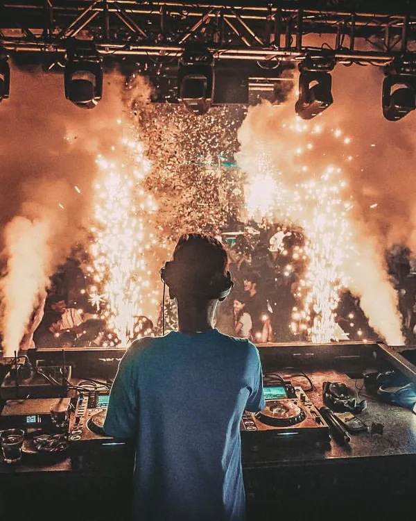 A massive blast of cold pyro sparks and smoke erupting from the stage at Waters, Pune. This is the kind of explosive energy I bring to my shows.