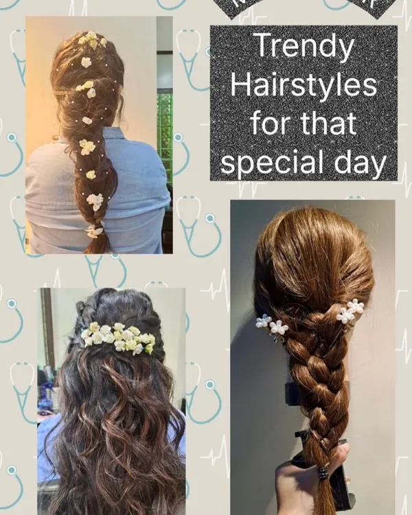 A collection of trendy hairstyles perfect for a special day. This includes a long, flowing braid decorated with fresh jasmine flowers (gajra) and other braided styles.