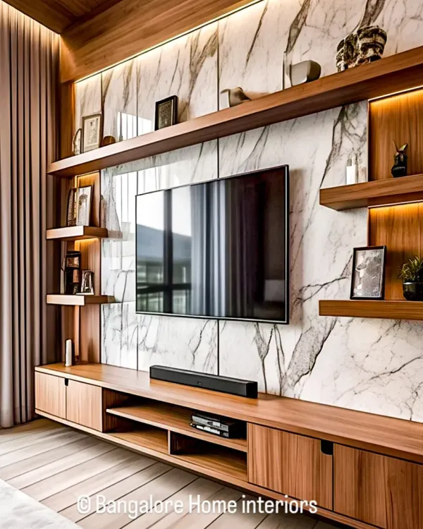 This entertainment center combines a full-wall marble-effect panel with rich wood shelving and cabinetry. The integrated LED backlighting highlights the textures and provides a warm glow, creating a sophisticated focal point for the living room.