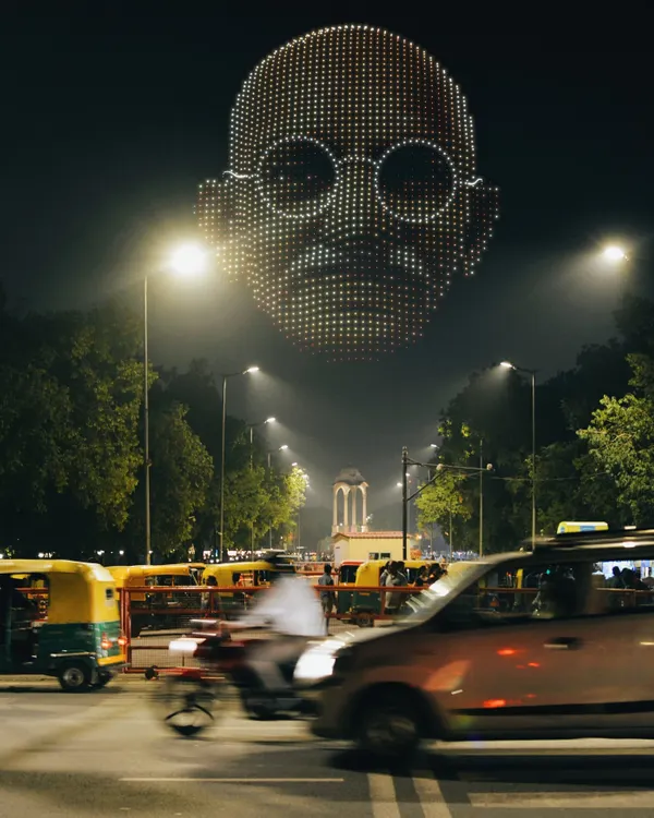 A highly detailed portrait of Mahatma Gandhi, the Father of the Nation, created with drones over Delhi. This demonstrates my ability to render recognizable and respectful portraits on a massive scale.