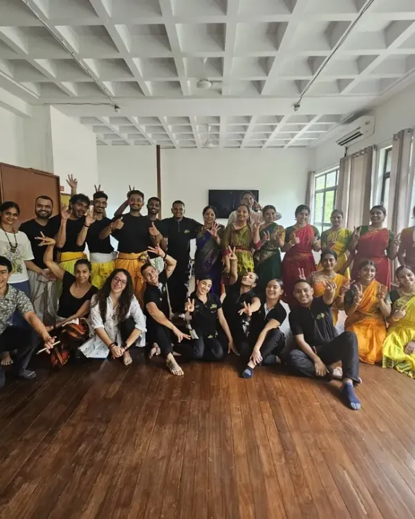 A joyful group photo after a collaborative workshop with the Embassy of Colombia and the salsa group 'Ensalsate'. We explored the fusion of salsa with Bharatanatyam, Kuchipudi, and Chhau.
