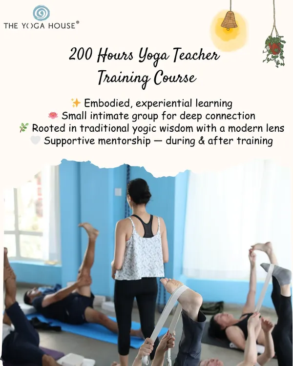 Our teaching philosophy is centered on embodied, experiential learning in a small, intimate group. This image captures a moment of practice where students use straps to explore leg stretches, with an instructor guiding the class.