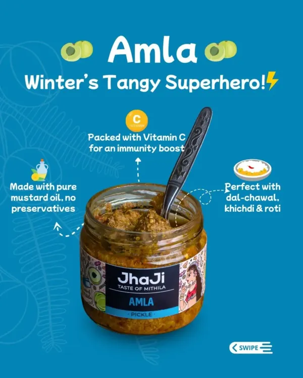 Our Amla pickle is winter's tangy superhero. Packed with Vitamin C for an immunity boost, it's made with pure mustard oil and no preservatives. Perfect with dal-chawal, khichdi, and roti.