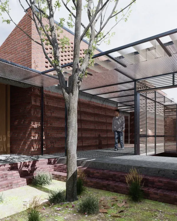 At Studio Tarai, we explored the interplay of different volumes and materials. The design features exposed brick walls, perforated brick screens, and a lightweight steel structure to create interwoven courts and spaces.