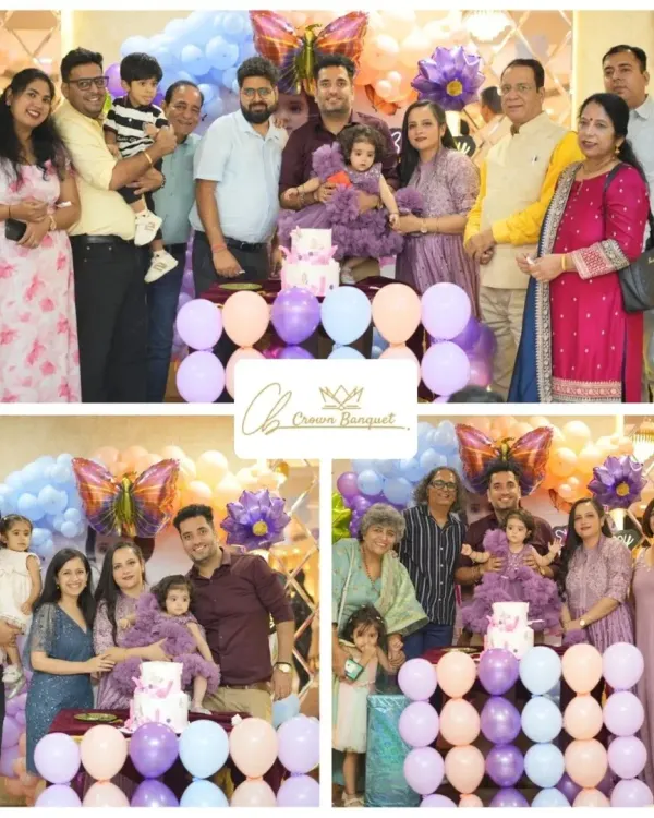 A collage capturing the joy of a family get-together. Our venue is perfect for hosting groups of all sizes, ensuring everyone can join in for the cake-cutting and group photos.