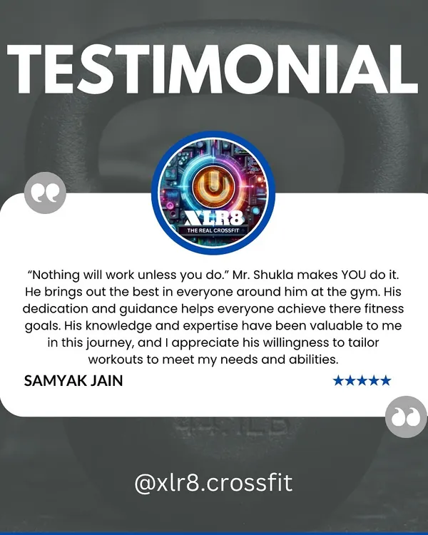 "Nothing will work unless you do." A testimonial from our member Samyak Jain, who appreciates the dedication and personalized guidance he receives to achieve his fitness goals.