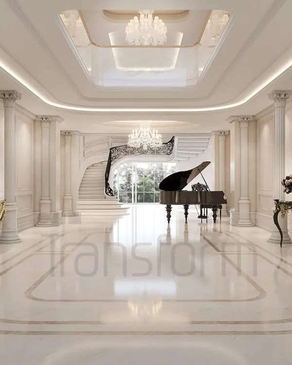 This foyer is the home's overture, a grand space where classical architecture and natural light converge. I designed the soaring double-height ceiling, Corinthian columns, and sweeping staircase to guide the eye and create a feeling of awe, while the grand piano stands as a centerpiece of culture and grace.
