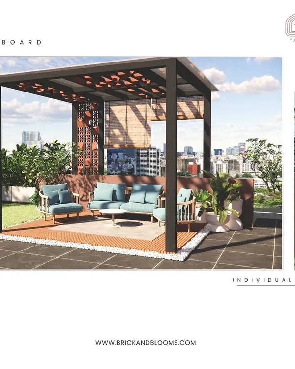 A design concept for a rooftop lounge featuring a modern pergola with terracotta jali inserts. The comfortable seating and surrounding greenery create an inviting space to relax and enjoy the city view.