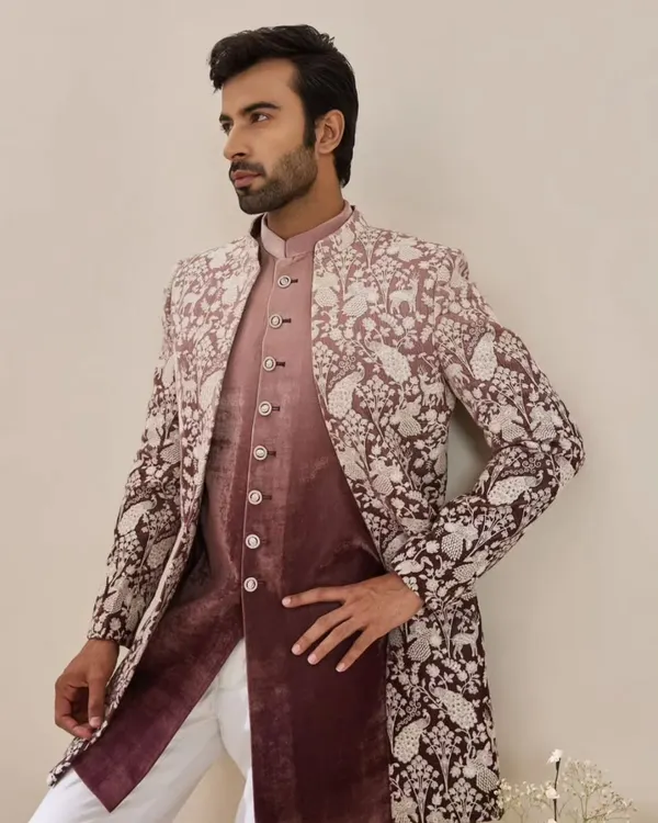 A full-length shot from a men's wedding wear campaign. My grooming work involved ensuring the model's skin was even and matte under the studio lights, along with light hairstyling to look neat and sophisticated.