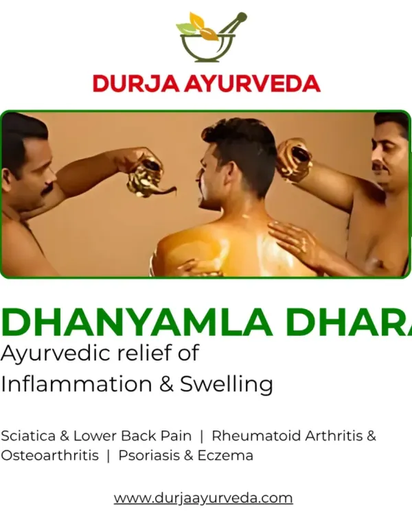 Dhanyamla Dhara is a therapy where a warm, fermented herbal liquid is poured over the body. It is highly effective for reducing inflammation and swelling associated with sciatica, arthritis, and psoriasis.