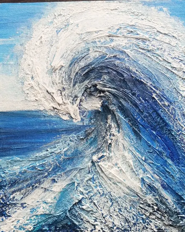This heavily textured wave painting is a key sample for my workshops. You can see how the thick application of texture paste creates a powerful 3D effect, making the wave feel like it's crashing out of the canvas.