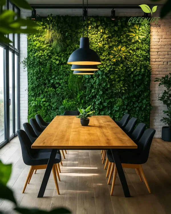 This modern office dining area features a stunning floor-to-ceiling green wall. It not only serves as a beautiful backdrop but also helps to absorb sound, creating a more pleasant and productive environment.