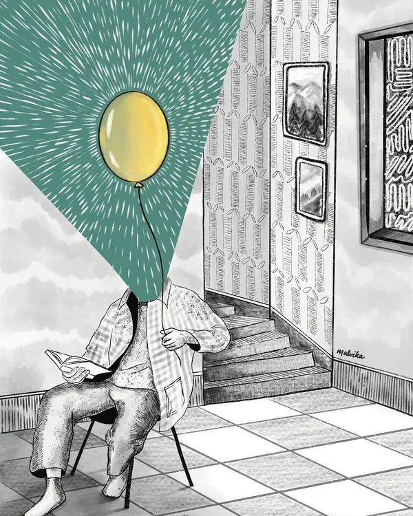 In this surreal illustration, a person's head is replaced by a bright yellow balloon, symbolizing a mind filled with light and fleeting thoughts. It's about finding joy in the small, in-between moments of life, even when the world around is just black and white.