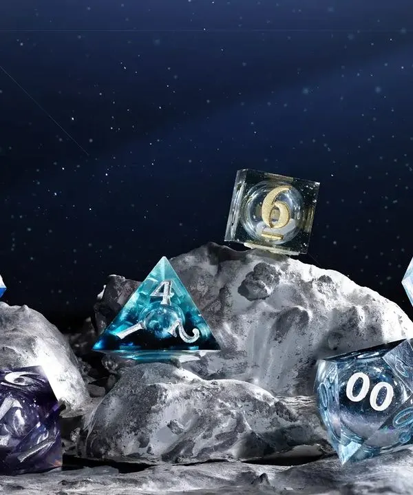 A galactic scene created for Wild Earth Dice's "Vision of a Thousand Galaxies" collection. We built a rocky, moon-like surface and used a starry background to place the dice in an epic, otherworldly environment.